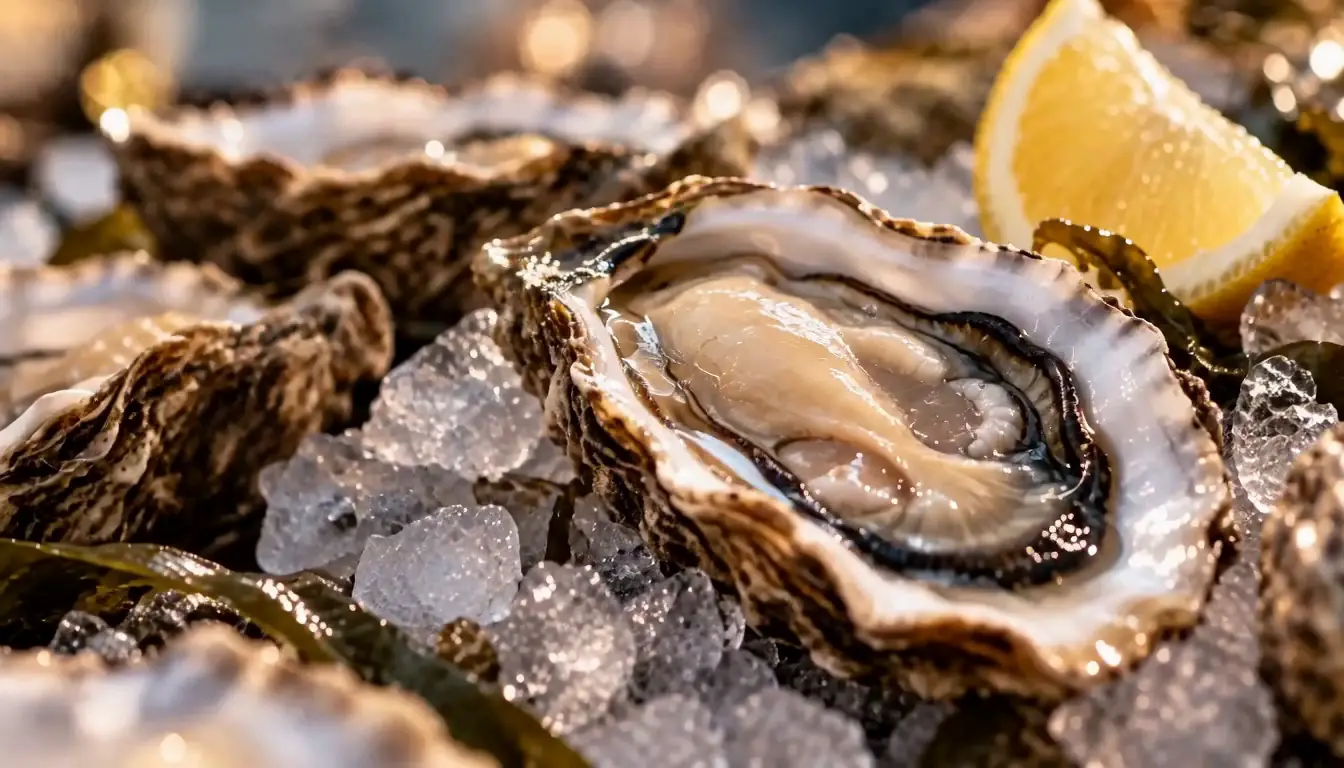 Gros plan sur une huître fraîche ouverte, sur glace avec citron