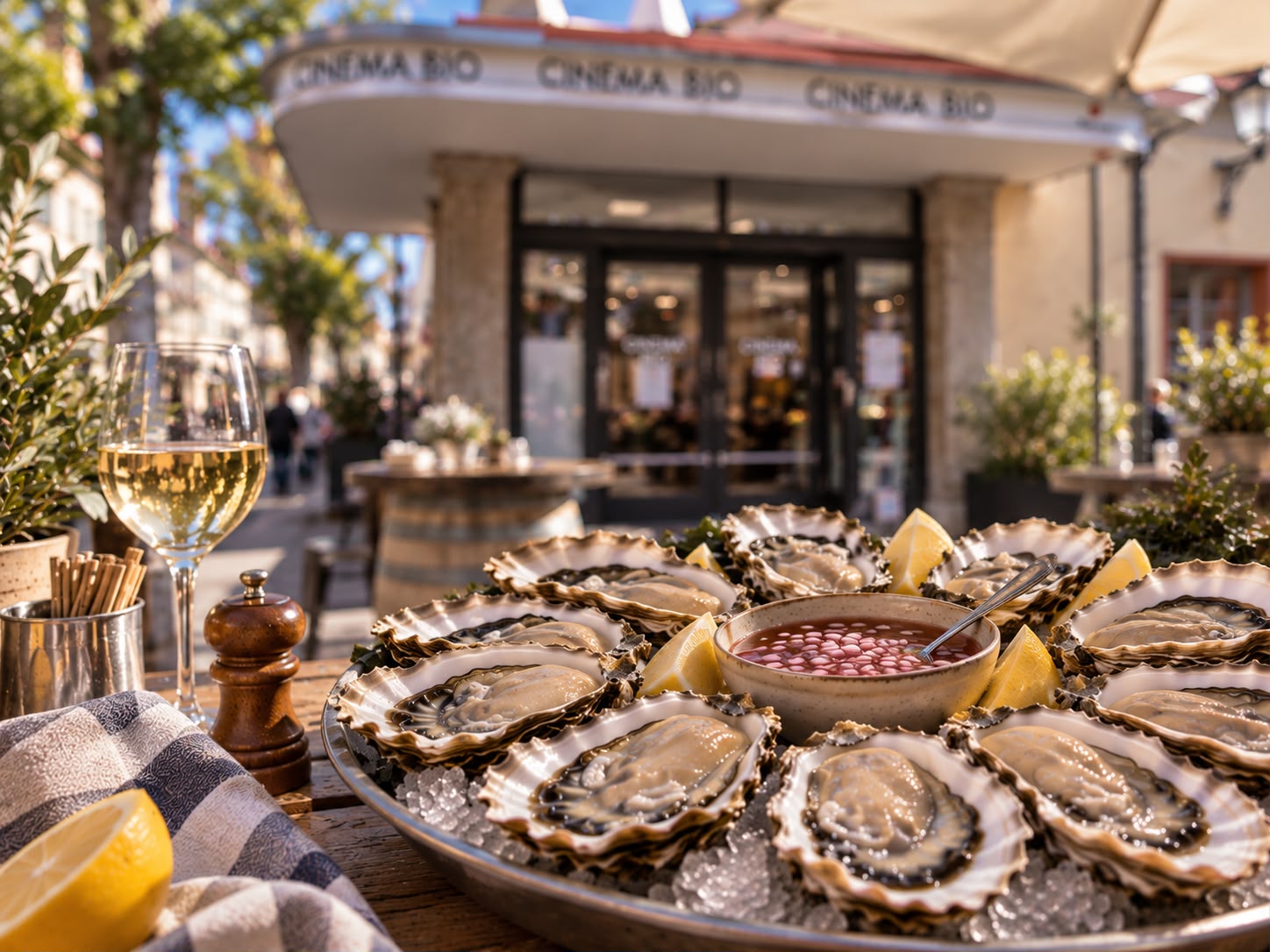 Plateau d'huîtres fraîches, citron et vin blanc en terrasse